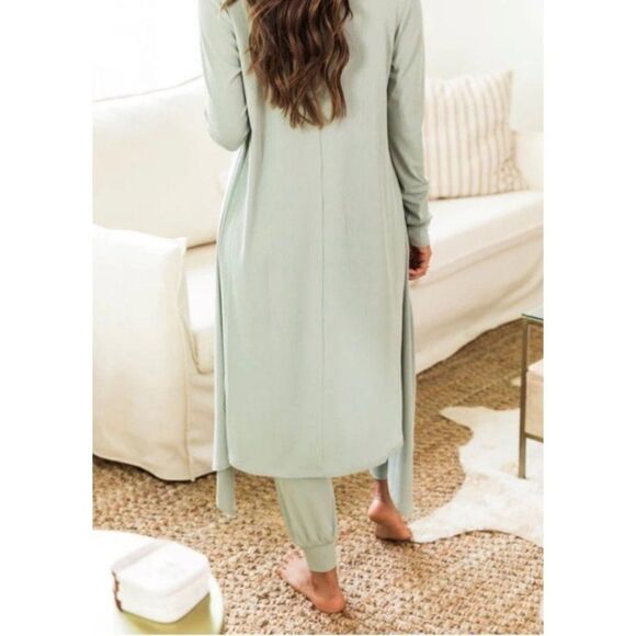 Pink Lily Green Ribbed Long Open Front Duster / Cardigan Size S - Picture 2 of 12